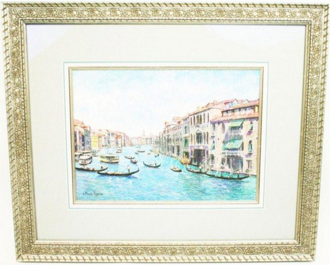 PAINTING - HUGHES CLAUDE PISSARRO - VENISE RIALTO: PAINTING - HUGHES CLAUDE PISSARRO - VENISE RIALTO H. CLAUDE PISSARRO (French, b. 1935). Venise - Rialto, Pastel on paper of Venice, signed lower left. Attached to the reverse is a COA/Registration num