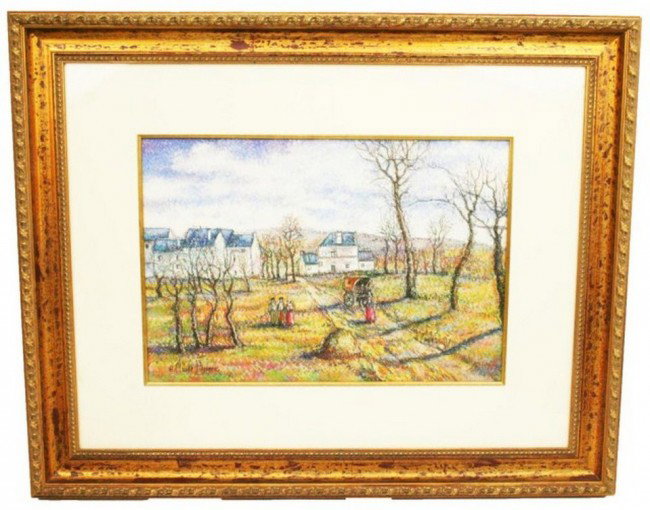 PAINTING - H CLAUDE PISSARRO - LES TOUTS D'ANDOIS.: PAINTING - H CLAUDE PISSARRO - LES TOUTS D'ANDOIS. H. CLAUDE PISSARRO (French, b. 1935). "Les touts D'Andois de Saint-Remy", Pastel on paper, signed lower left. Attached to the reverse is a COA/Regist