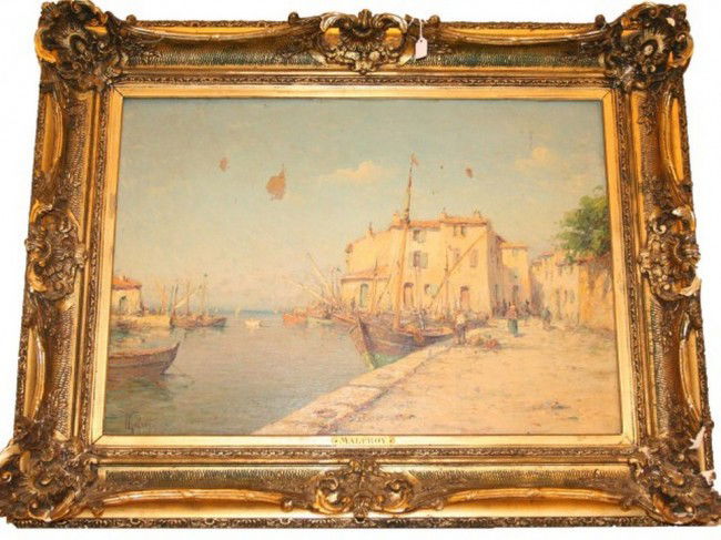 PAINTING - CHARLES MALFROY VENETIAN HARBOR IN OIL: PAINTING - CHARLES MALFROY VENETIAN HARBOR IN OIL CHARLES MALFROY (French 1862-1951) Venetian Harbor scene, oil on canvas. 18 x 25 inches. Mounted in a period plaster molded frame (some loses and repa