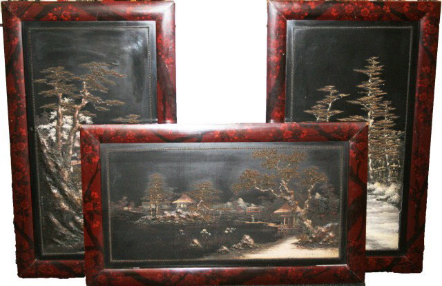 JAPANESE ART PAINTINGS IN RELIEF LACQUARED FRAMES: JAPANESE ART PAINTINGS IN RELIEF LACQUARED FRAMES Three very well executed 19th century (Edo period) Japanese wood panel painting with bass relief and traditional lacquered frames. Each is signed by t