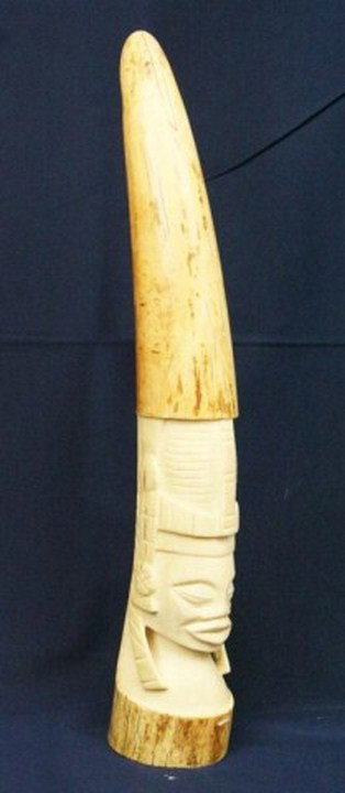 AFRICAN IVORY ELEPHANT TUSK TRIBAL CARVING: AFRICAN IVORY ELEPHANT TUSK TRIBAL CARVING Antique African elephant ivory tusk of 13 inches with a tribal deity figural carving. The tusk shows age cracking. Size: 13" Condition: VGC Est. 150-300