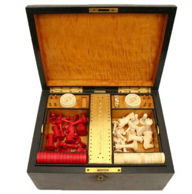 ANTIQUE TIFFANY REED GAMES CHEST IVORY CHESS CARDS: ANTIQUE TIFFANY REED GAMES CHEST IVORY CHESS CARDS Rare and possibly unique custom made games set by Tiffany & Reed Co., Union Square, New York. Lockable burled walnut chest lined with satinwood and m