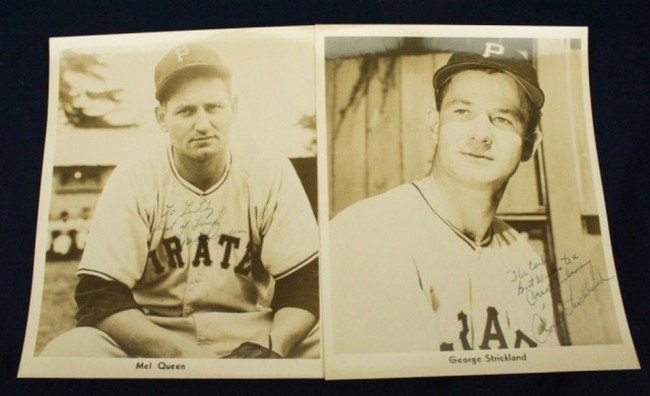 TWO PIRATES OFFICIAL PHOTOGRAPHS SIGNED TO WILKS: TWO PIRATES OFFICIAL PHOTOGRAPHS SIGNED TO WILKS 8 x 10" press release photos for the Pittsburg Pirates, signed by the players and personalized to Ted Wilks. George Strickland and Mel Queen. Size: 8" 