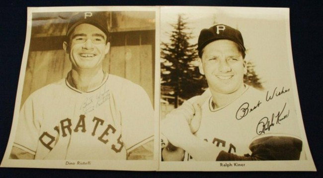 TWO PIRATES OFFICIAL PHOTOGRAPHS SIGNED TO WILKS: TWO PIRATES OFFICIAL PHOTOGRAPHS SIGNED TO WILKS 8 x 10" press release photos for the Pittsburg Pirates, signed by the players and personalized to Ted Wilks. Dino Ristelli and Ralph Kiner. Size: 8" x 