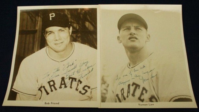 TWO PIRATES OFFICIAL PHOTOGRAPHS SIGNED TO WILKS: TWO PIRATES OFFICIAL PHOTOGRAPHS SIGNED TO WILKS 8 x 10" press release photos for the Pittsburg Pirates, signed by the players and personalized to Ted Wilks. Bob Friend and Vernon Law. Size: 8" x 10" 
