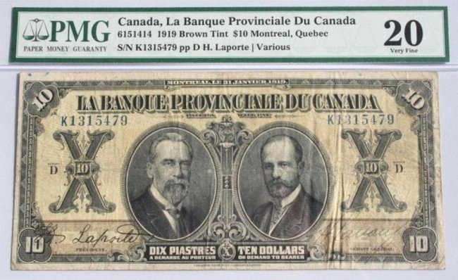 CANADA NOTE - PROVINCIAL BANK OF CANADA $10 BILL: CANADA NOTE - PROVINCIAL BANK OF CANADA $10 BILL PMG graded note. La Banque Provinciale Du Canada. Cat#6151414 1919 Brown tint. $10 Montreal, Quebec. pp D. H Laporte / Various. SN K1315479 Condition: 