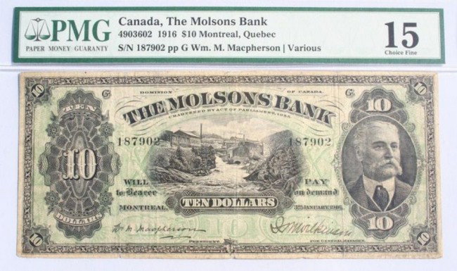 CANADA NOTE - THE MOLSONS BANK $10 BILL 1916: CANADA NOTE - THE MOLSONS BANK $10 BILL 1916 PMG graded note. Cat#4903602 1916 $10 Montreal, Quebec, pp G. Wm.M Macpherson / various. Splits. SN 187902 Condition: 15 Fine Est. 300-500
