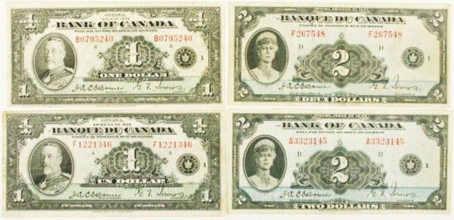CANADA NOTES - BANK OF CANADA DOLLAR BILL LOT OF 4: CANADA NOTES - BANK OF CANADA DOLLAR BILL LOT OF 4 $1, 1935, B0795240, Plate B, about near VF; $1, 1935, F1221346, plate A, about VF; $2, 1935, F267548, plate D, near VF; $2, 1935, A3323145, plate B,