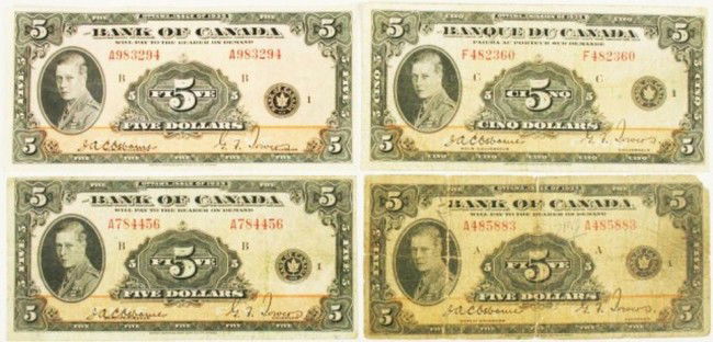 CANADA NOTES - BANK OF CANADA DOLLAR BILL LOT OF 4: CANADA NOTES - BANK OF CANADA DOLLAR BILL LOT OF 4 $5, 1935, A485883, Plate A, about G; $5, 1935, F482360, plate C, Near VF; $5, 1935, A784456, plate B, good F; $5, 1935, A983294, plate B, almost EF.