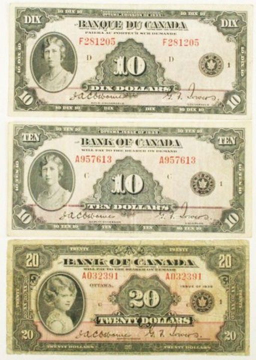 CANADA NOTES - BANK OF CANADA DOLLAR BILL LOT OF 3: CANADA NOTES - BANK OF CANADA DOLLAR BILL LOT OF 3 $10, 1935, F281205, Plate D, VF; $10, 1935, A957613, plate C, Near VF; $20, 1935, A032391, plate C, F. All ungraded. Condition: See description Est.