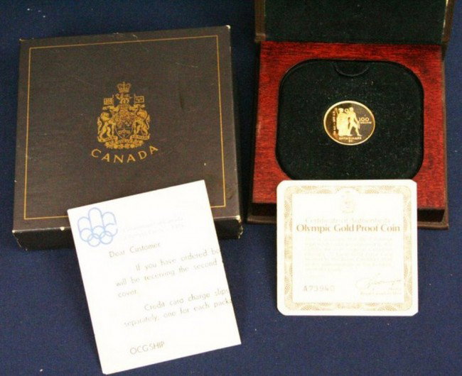 CANADA - 1976 MONTREAL OLYMPICS GOLD PROOF $100: CANADA - 1976 MONTREAL OLYMPICS GOLD PROOF $100 1976 Canadian Olympic Gold Proof Coin in 22K gold of Standard fineness - .9166. Pure Gold content - 15.5517g. Weight - 16.9655g. Diameter - 25mm. Ref: K