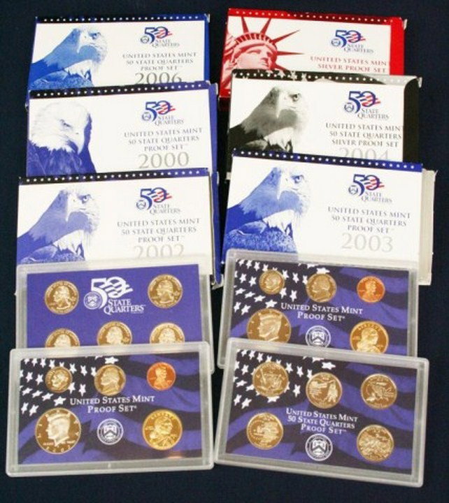 USA - MIXED LOT OF STATE QUARTER PROOF SETS & MORE: USA - MIXED LOT OF STATE QUARTER PROOF SETS & MORE State quarter proof sets include 2000, 2002, 2003, 2004 and have their boxes an COAs. Two 2002 state quarter sets without boxes or COAs. Two US mint 