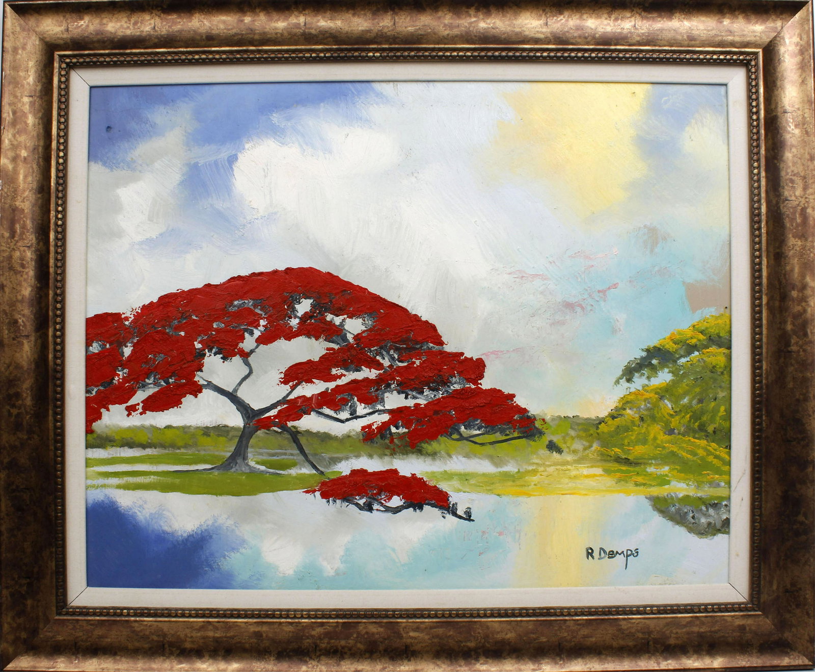 RODNEY DEMPS FLORIDA HIGHWAYMEN POINCIANA: Demps, Rodney (1953- 2020) Florida Highwaymen Painting. Oil on Masonite - signed lower right. Full bloom Poinciana by the riverside. Board measures 22x28 framed to overall size of 29x35. Condition: Ve
