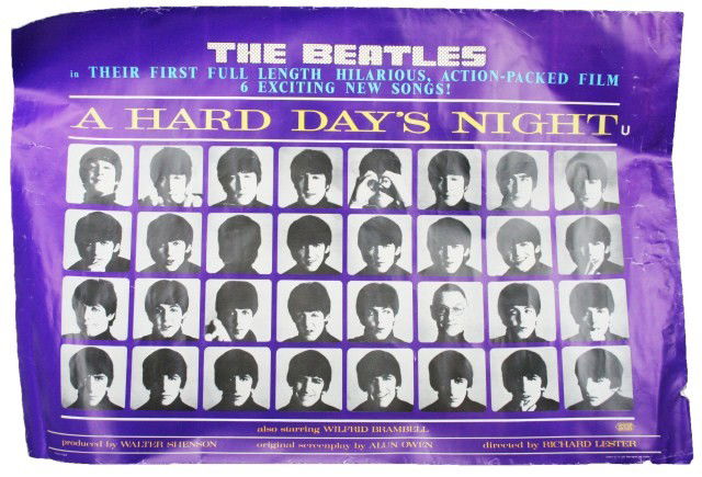 MOVIE POSTER - THE BEATLES A HARD DAY'S NIGHT: MOVIE POSTER - THE BEATLES A HARD DAY'S NIGHT A Hard Day's Night (United Artists, 1964) Printed by Stratford and Co. England. 20th century Size: 27 x 37" Condition: VGC some wear Est. $100 - 300