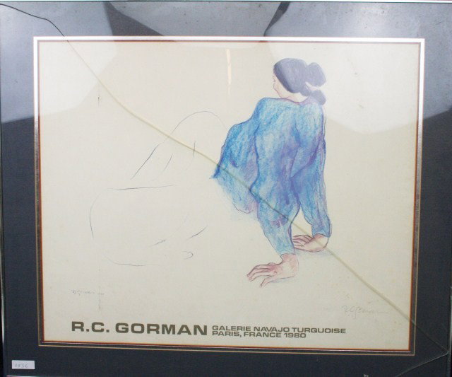 R. C. GORMAN - SIGNED POSTER LITHOGRAPH OF A WOMAN: R. C. GORMAN - SIGNED POSTER LITHOGRAPH OF A WOMAN Rudolph Carl Gorman (1931 - 2005). Pencil signed bottom right. Poster from a 1980 Paris exhibition. Needs re-framing, glass cracked. 20th century Siz