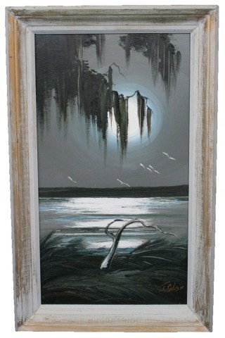 JAMES GIBSON - HIGHWAYMEN OIL ON BOARD MOONLIGHT: JAMES GIBSON - HIGHWAYMEN OIL ON BOARD MOONLIGHT James Gibson (American b1938) - Moonlight scene. Signed bottom right 20th century Size: 14 x 22" plus frame Condition: VGC Est. $300 - 600