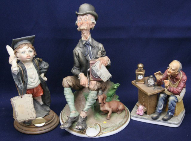 3 CAPODIMONTE FIGURES: 3 CAPODIMONTE FIGURES 3 Capodimonte Porcelain figures; Old man with a pipe and dog, A clock smith, and young graduate. Size: 5.25" to 10.5" Est. $100 - 300