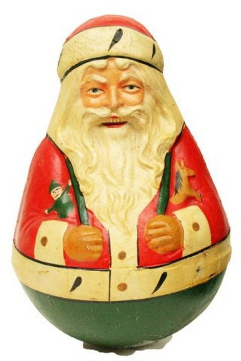 VINTAGE SCHOENHUT ROLY POLY SANTA: VINTAGE SCHOENHUT ROLY POLY SANTA A circa 1920 10" Schoenhut Roly Poly Santa. Made from papier mache. Some paint loss and crazing. Size: 10" Condition: GC Est. $400 - 600