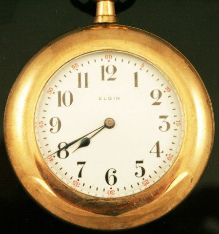 ELGIN POCKET WATCH, 1903: ELGIN POCKET WATCH, 1903 ELGIN POCKET WATCH, 1903. Case: REF. 2431645, gold filled half case 47mm oval bow, stem set, 6 S size, florentine finish with monogram plate. Dial: white with Arabic numbers,