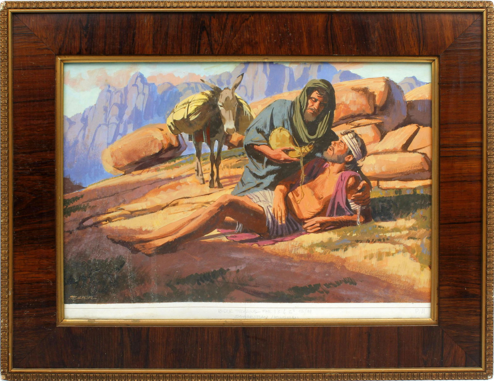 PAUL MANN WATERCOLOR PAINTING THE GOOD SAMARITAN: Mann, Paul (B. 1955) American Artist Painting - brother of David Mann. Watercolor on paper - signed lower left. The Good Samaritan - Illustration for Gospel art.Paper measures 12x16 framed to overall