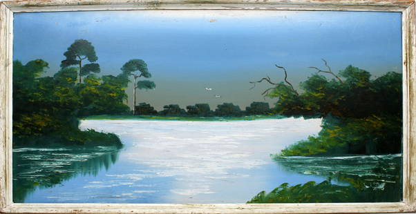 AL BLACK FLORIDA HIGHWAYMEN FIRST PAINTING: Black, Albert “Blood” (B.1947) Florida Highwaymen Painting. Oil on Upson - signed on reverse 1967. Tranquil moonlit river scene. Signed on reverse "My First Painting Al Black 1967"