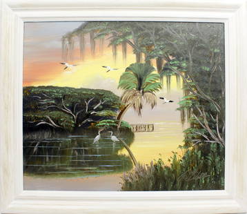 AL BLACK FLORIDA HIGHWAYMEN GOLDEN SUNSET: Black, Albert “Blood” (B.1947) Florida Highwaymen Painting. Oil on Masonite - signed lower right. Golden morning rays warm the river inlet. Board measures 20x24 framed to overall size