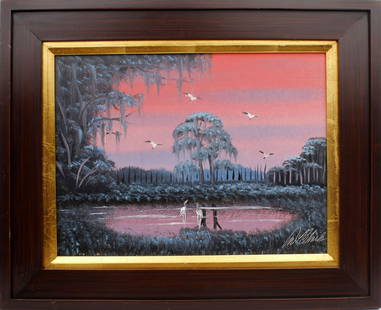 AL BLACK FLORIDA HIGHWAYMEN PINK SUNRISE PINES: Black, Albert “Blood” (B.1947) Florida Highwaymen Painting. Oil on Masonite - signed lower right and verso. Pink and purple hues paint the sky on a beautiful morning. Board measures