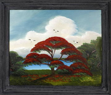 AL BLACK FLORIDA HIGHWAYMEN ROYAL POINCIANA: Black, Albert “Blood” (B.1947) Florida Highwaymen painting. Oil on masonite - signed lower right. Stunning Vivid Red Royal Poinciana tree with rolling sunset clouds in the distance.