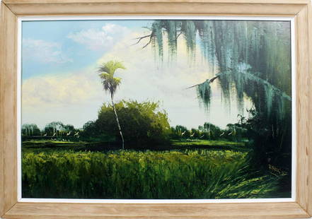 ALFRED HAIR FLORIDA HIGHWAYMEN FLOURISHING INLET: Hair, Alfred (1941-1970) Florida Highwaymen Painting. Oil on Upson - signed lower right. A thriving inlet of the river is home to flora and fauna alike. Board measures 24x36 framed to overall size