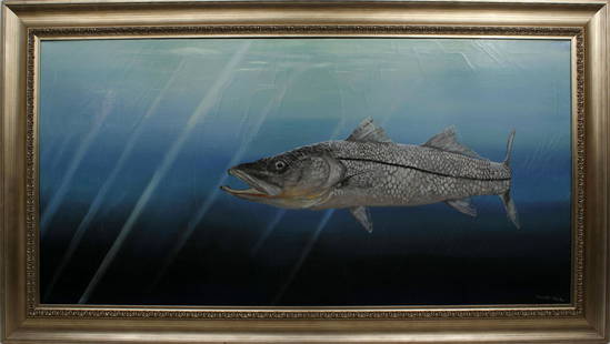 CHARLES WALKER FLORIDA HIGHWAYMEN SNOOK: Walker, Charles (B.1946) Florida Highwaymen Painting. Oil on canvas - signed lower right. Jumbo - A large Snook on the hunt in the deep blue water. Canvas measures 24x48 framed to overall size of