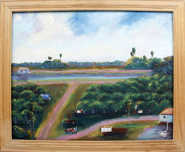 CHICO WHEELER FLORIDA HIGHWAYMEN ORANGE PICKERS: Wheeler, Charles “Chico” (1946-2019) Florida Highwaymen Painting. Oil on Masonite - signed lower right. Classic orange pickers scene. Board measures 22x28 framed to overall size of