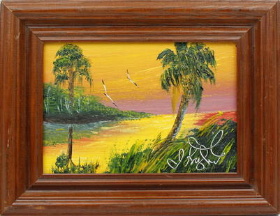 ISAAC KNIGHT FLORIDA HIGHWAYMEN FIRE SKY: Knight, "Issac" Isaac (1942-2022) Florida Highwaymen Painting. Oil on Masonite - signed lower right. Vivid firesky with a spoil island. Board measures 5x7 framed to overallsize of 8x10. Condition: