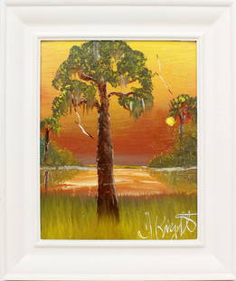 ISAAC KNIGHT FLORIDA HIGHWAYMEN FIRE SKY PINE: Knight, "Issac" Isaac (1942-2022) Florida Highwaymen Painting. Oil on Artist Board - signed lower right. Vivid fire sky with reflective waters behind a pine. Board measures 8x10 framed to overall