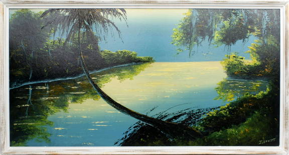 ISAAC KNIGHT FLORIDA HIGHWAYMEN LONE PALM JUMBO: Knight, "Issac" Isaac (1942-2022) Florida Highwaymen Painting. Oil on Upson- signed lower right. Heavy use of palette throughout. Lone palm leaning out over a moonlit river. Board measures 24x48