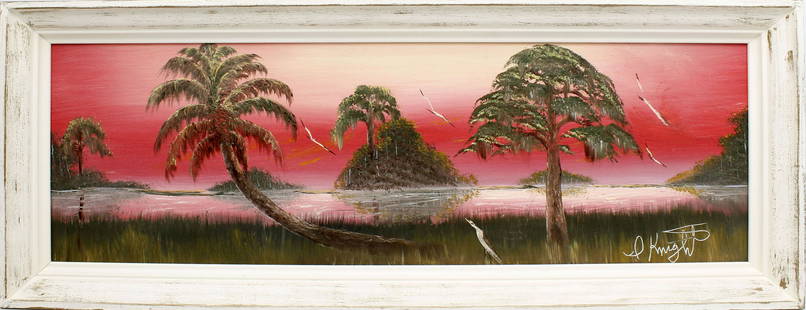 ISAAC KNIGHT FLORIDA HIGHWAYMEN PINK RIVER SUNSET: Knight, "Issac" Isaac (1942-2022) Florida Highwaymen Painting. Oil on canvas - signed lower right. Brilliant pink sky sunset with palm and pine trees on the riverbank. Canvas measures 12x36 framed