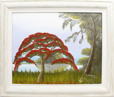 ISAAC KNIGHT FLORIDA HIGHWAYMEN POINCIANA: Knight, "Issac" Isaac (1942-2022) Florida Highwaymen Painting. Oil on canvas board - signed lower right. Poinciana in full bloom by the riverside. Board measures 16x20 framed to overall size of