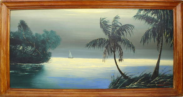 ISAAC KNIGHT FLORIDA HIGHWAYMEN TWIN PALMS JUMBO: Knight, "Issac" Isaac (1942-2022) Florida Highwaymen Painting. Oil on Upson - signed lower right. Jumbo moonlit river scene with passing sailboat. Board measures 24x48 framed to overall size of