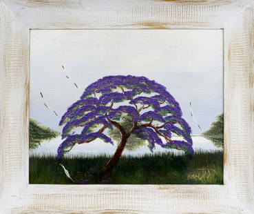 ISSAC KNIGHT FLORIDA HIGHWAYMEN JACARANDA SURF: Knight, "Issac" Isaac (1942-2022) Florida Highwaymen Painting. Oil on artist board - signed lower right. Full Bloom Jacaranda along the south Florida shores with spoonbill birds in flight. Board