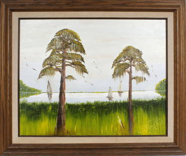 ISSAC KNIGHT FLORIDA HIGHWAYMEN PALMS AND SAILS: Knight, "Issac" Isaac (1942-2022) Florida Highwaymen Painting. Oil on artist board- signed lower right. Three sailboats along the river with Palm trees. Carefully executed in Palette knife and