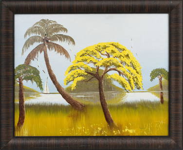 ISSAC KNIGHT FLORIDA HIGHWAYMEN YELLOW SAILING: Knight, "Issac" Isaac (1942-2022) Florida Highwaymen Painting. Oil on Artist board - signed lower right. Recent rendering by Issac. Yellow tree with sailboat navigating the tranquil Intercoastal.