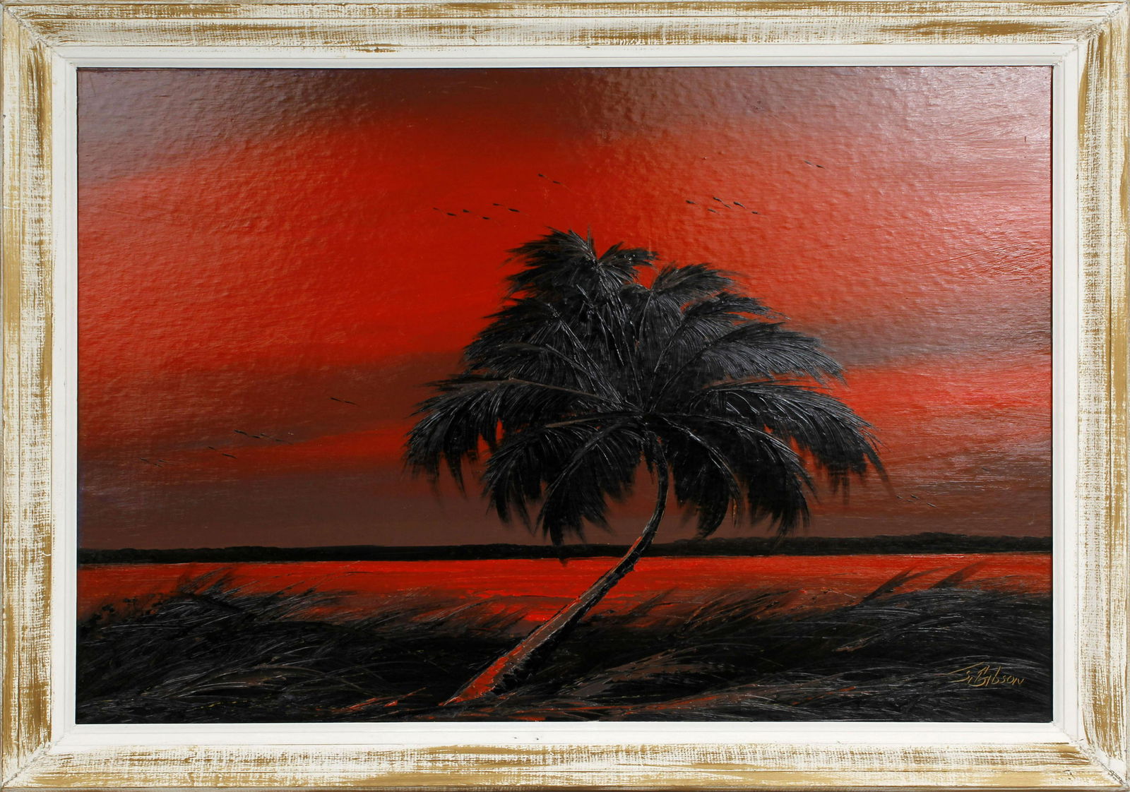JAMES GIBSON FLORIDA HIGHWAYMEN RED SILHOUETTE: Gibson, James (1938-2017) Florida Highwaymen Painting. Oil on Upson - signed lower right. Silhouette of a palm tree executed in palette knife with vibrant red fire sky background. Board measures 22.5x