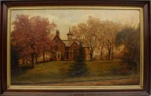 NELSON AUGUSTUS MOORE PAINTING FAIRVIEW 80: Nelson Augustus Moore (1824-1902) Painting. Oil on canvas - signed lower right and reverse. Titled "Fairview" - in autumn '80. Canvas measures 14x24 framed to overall size of 17x27. Born in