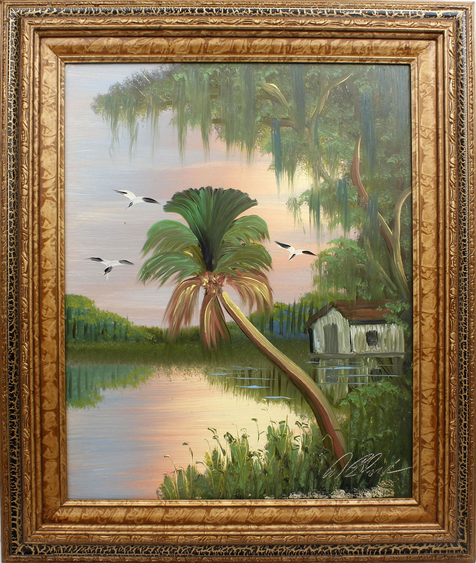AL BLACK FLORIDA HIGHWAYMEN FISHING SHACK: Black, Albert “Blood” (B.1947) Florida Highwaymen Painting. Oil on Masonite - signed lower right. A small fishing shack nestled on the river's edge with palm tree and localwildlife. Board