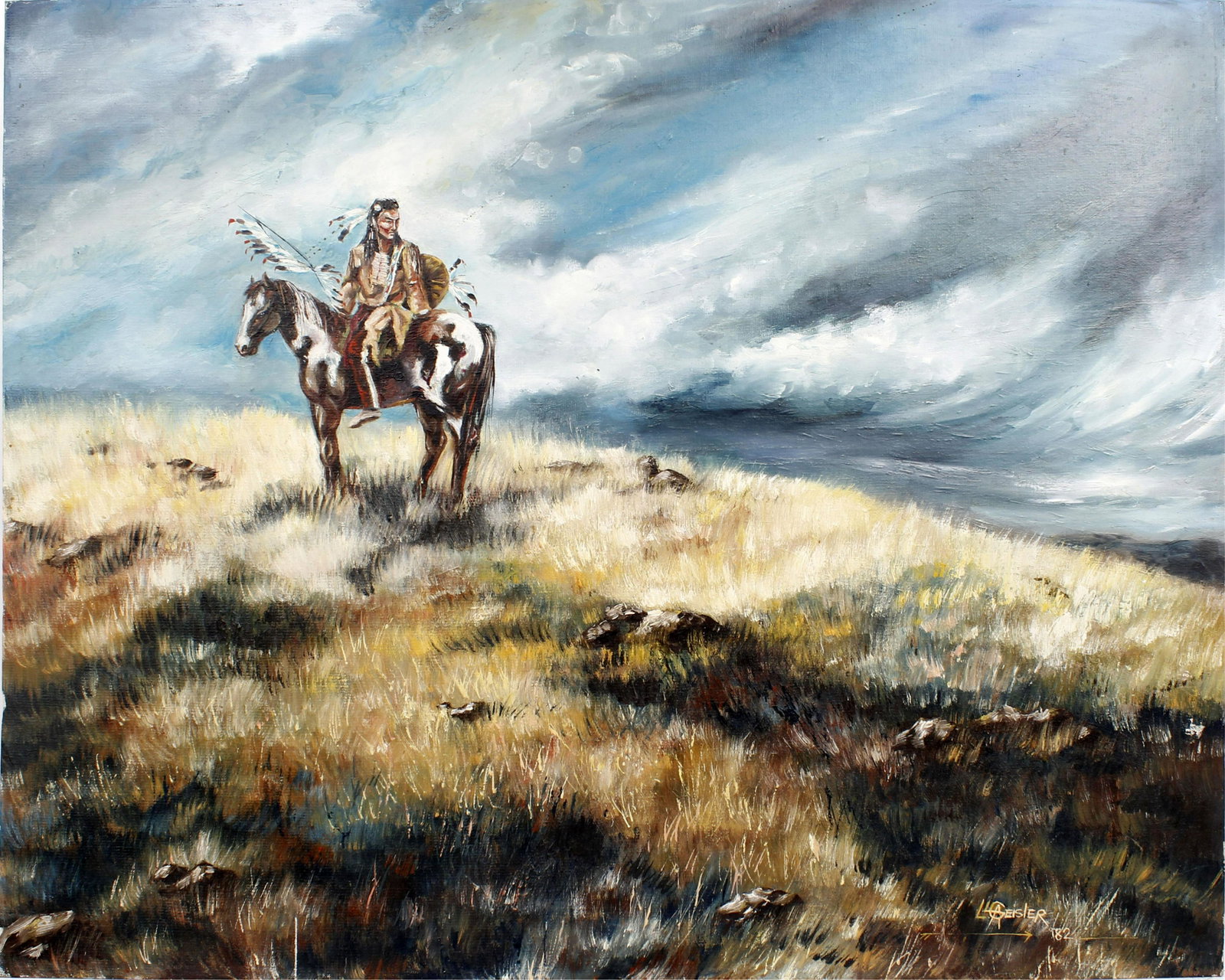 GEISLER OIL ON BOARD NATIVE AMERICAN PRAIRIE SCENE: Geisler oil painting on board of Native American prairie scene with storm approaching. Image is 30 x 24; no frame Condition: Excellent