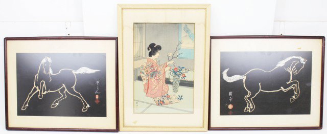 3 JAPANESE WOOD BLOCK PRINTS: 3 JAPANESE WOOD BLOCK PRINTS Japanese woodblock prints, including a matching pair of two horse wood blocks from Shinagawa 15"x18.5", and another 20th Century print of a women trimming flowers 14"x21" 