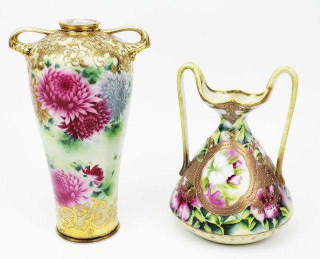 2 NIPPON VASES HANDPAINTED: 2 NIPPON VASES HANDPAINTED 2 hand painted Nippon Vases with pink and gold flowers accented by gold paint. These are two very nice Japanese vases. Size: 8.5" and 10.5" Condition: VGC Est.$75-150