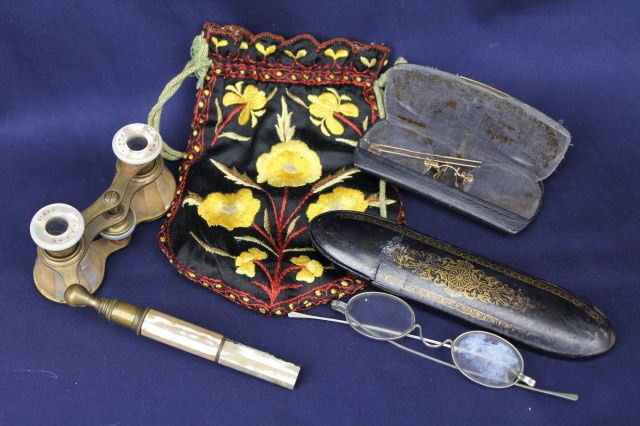 VINTAGE OPERA GLASSES WITH TWO READING GLASSES: VINTAGE OPERA GLASSES WITH TWO READING GLASSES 3 vintage glasses: One Paris Verne mother of pearl opera glasses, (bottom part of handle is missing some of the MoP). Two reading glasses with cases, one