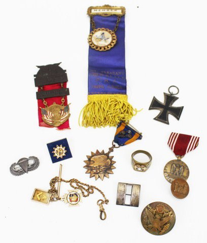MIXED LOT OF MILITARY & MASONIC BADGES & MEDALS: MIXED LOT OF MILITARY & MASONIC BADGES & MEDALS Masonic members silk for "Mt Pleasant, Lodge No, 13, F & A M. PHA Tampa, Florida". A gold plated watch fob and chain with Masonic charms. A Masonic 32nd
