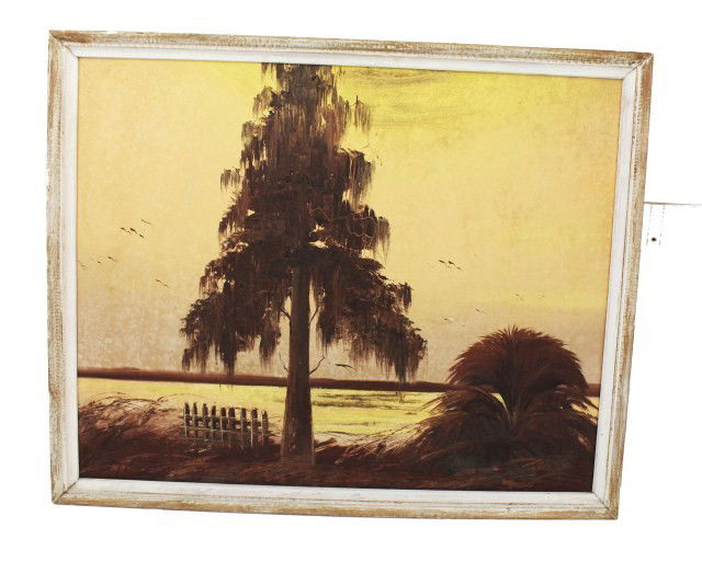 JAMES GIBSON - EARLY HIGHWAYMEN OIL ON BOARD: JAMES GIBSON - EARLY HIGHWAYMEN OIL ON BOARD James Gibson (American b1938). Oil on board of a beach scene. Good early example of Gibson's work. Some light heat damage and spotting about the work. Size