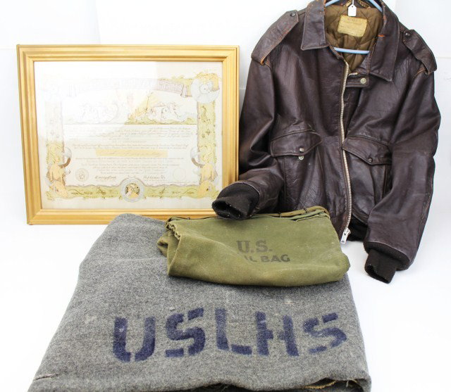 A 2 - M FLIGHT JACKET & OTHER US NAVY ITEMS: A 2 - M FLIGHT JACKET & OTHER US NAVY ITEMS Leather flight jacket with A2-M label, showing the maker as Schott Bros Inc. NYC. Leather is a little dry, liner is good. US Navy Shellback certificate. US 